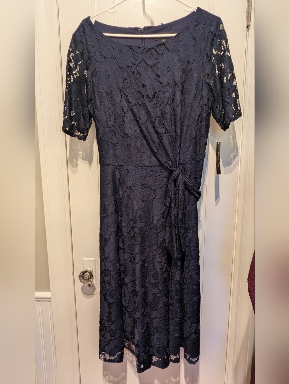 NWT Tahari Navy Lace Midi Dress with Side Tie